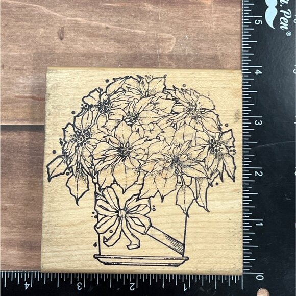 VERY HTF VINTAGE PRAIRIE RUBBER STAMPS WOOD MOUNTED BASKET OF POINSETTIA'S - Picture 2 of 7